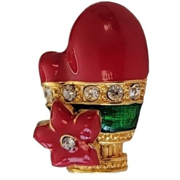 Red Green Enamel Clear Rhinestone With Flower Mitten Lapel Scatter Pin, E795 - Picture 9 of 9